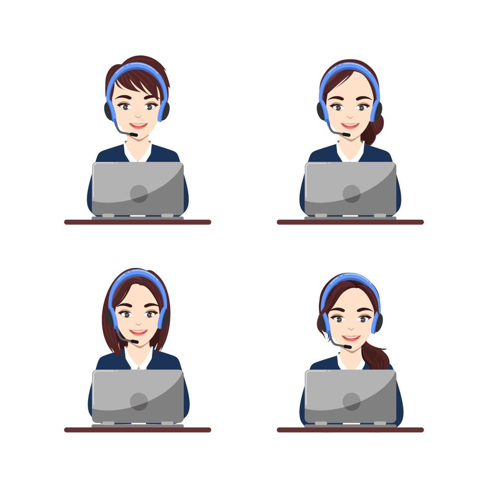 Hotline Call center. woman at support department. Office workers in headphones with microphone. Operator online help, advises customers, feedback concept. Vector illustration