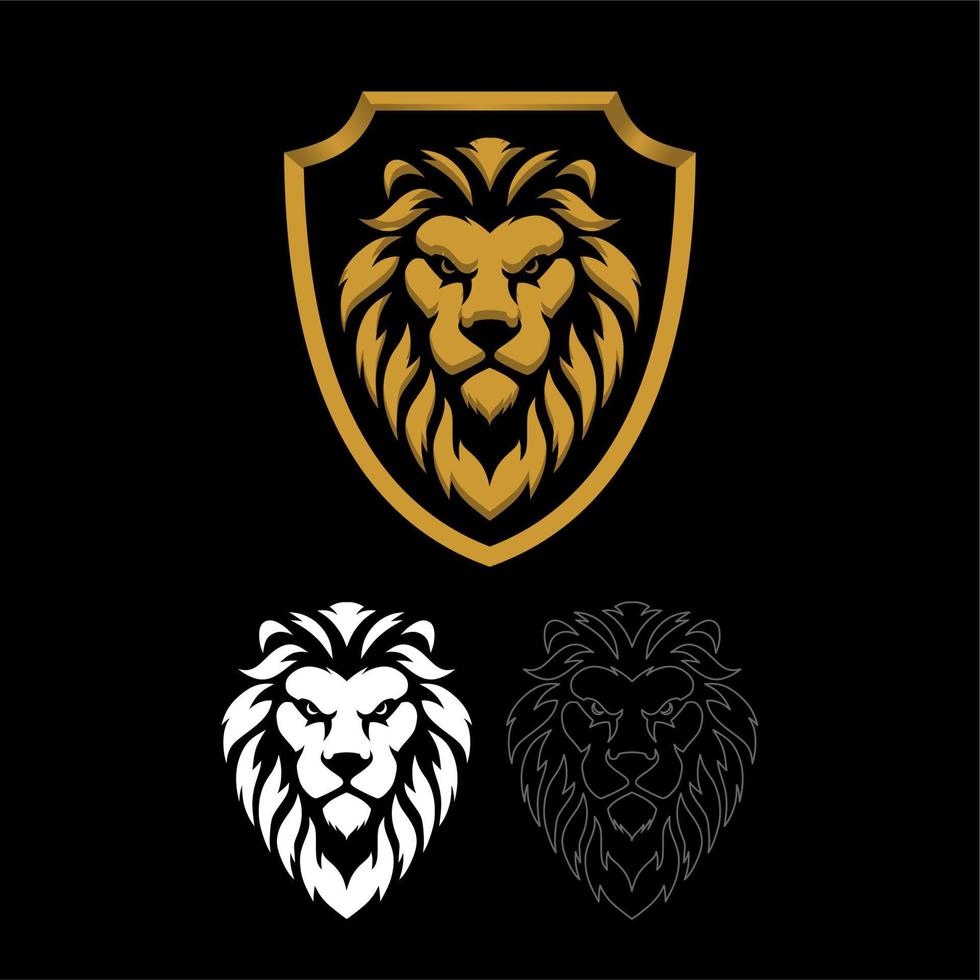 golden lion head and shield logo. vector illustration