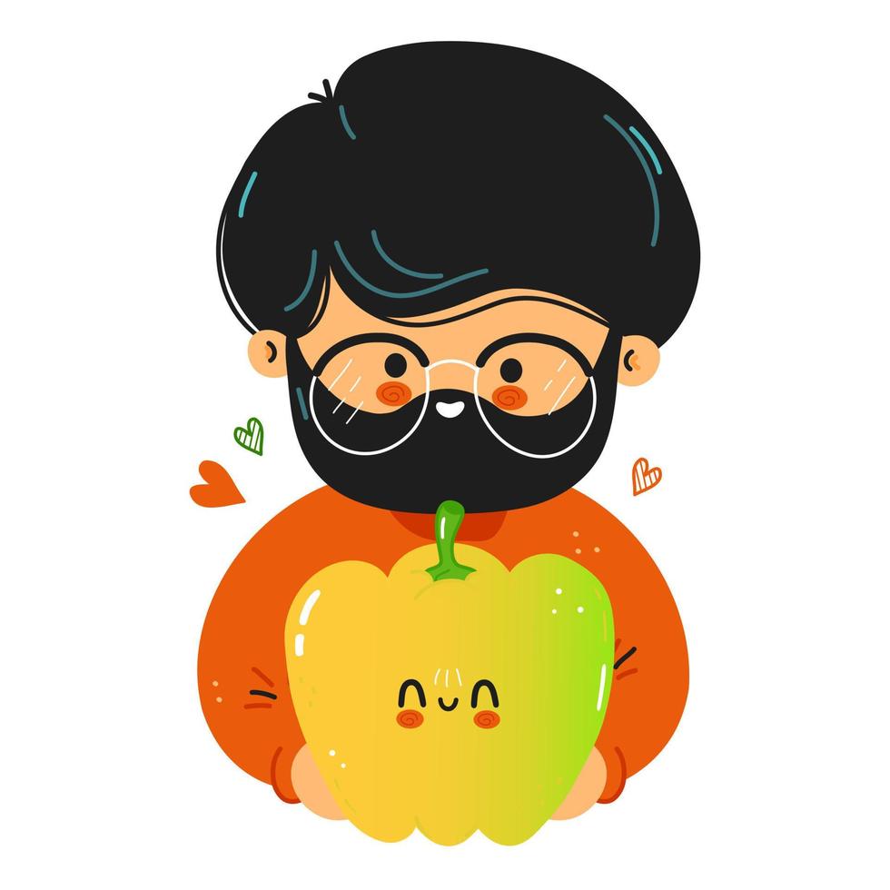 Young cute funny man hold pepper in hand. Young man hugs cute pepper. Vector hand drawn doodle style cartoon character illustration icon design. Isolated on white background