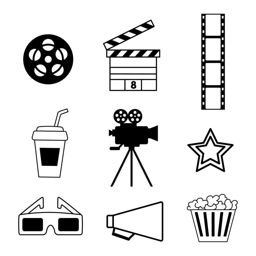 conjunto de iconos de cine. película de diseño plano negro, cámara, palomitas de maíz y gafas 3d. ilustración vectorial aislado en blanco. vector