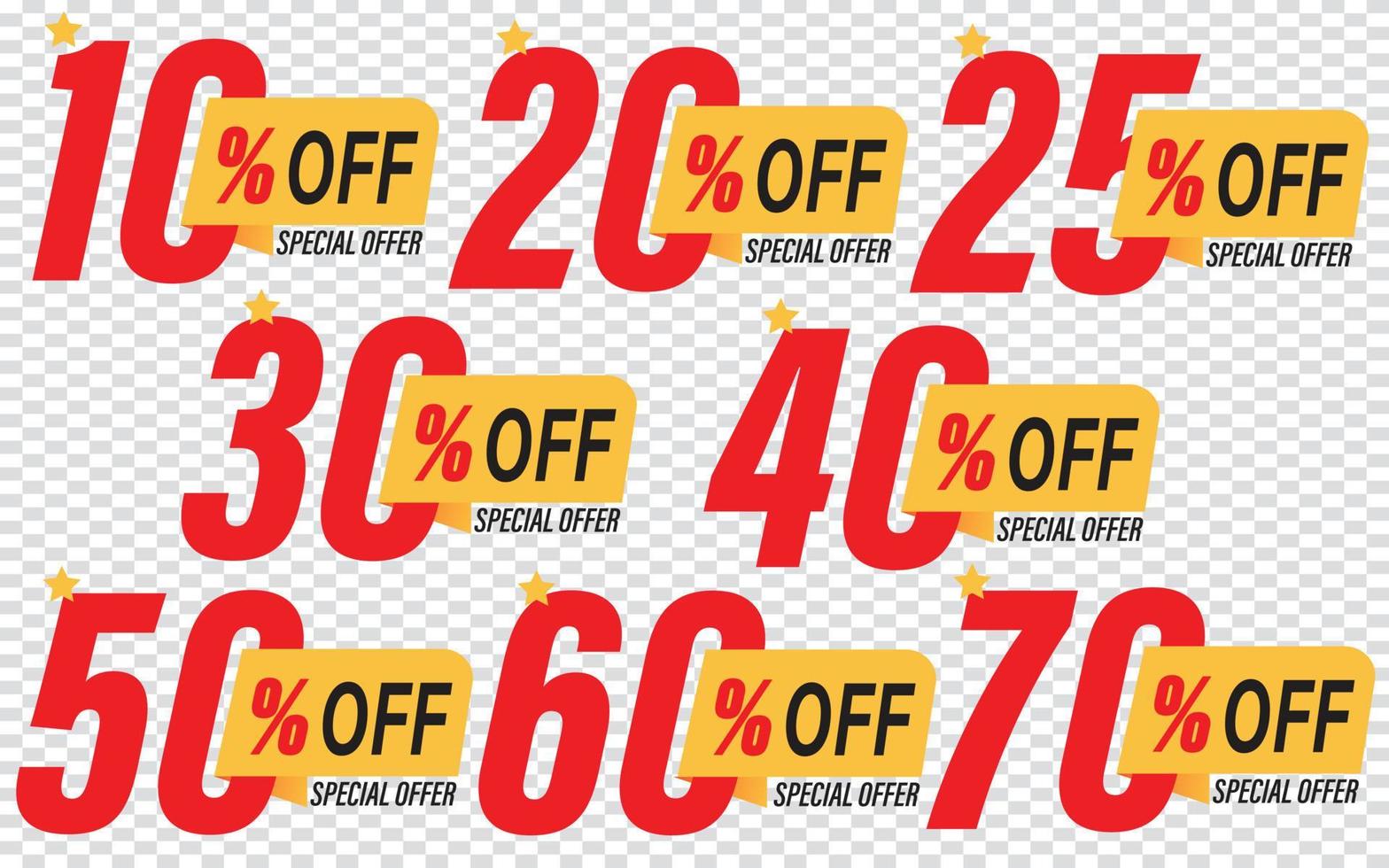 Special offer discount label with different sale percentage. 10, 20, 30, 70, 50 percent off price reduction badge vector