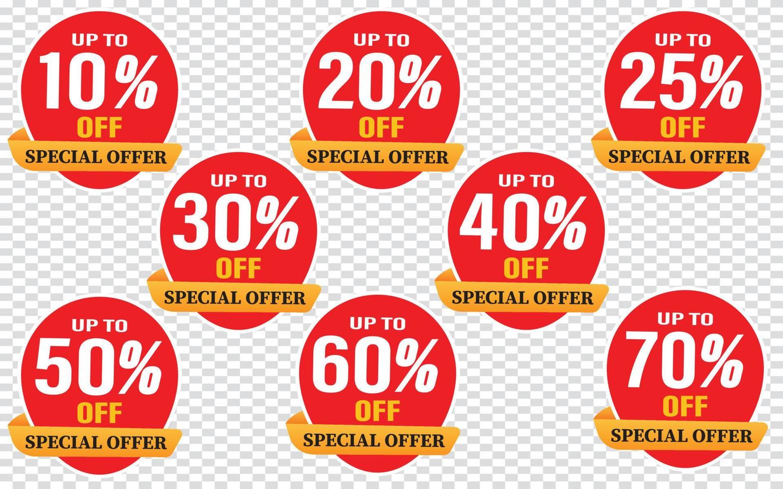 10,20,25,30,40,50,60,70 percent special offer. Speech bubble tag with ribbon vector