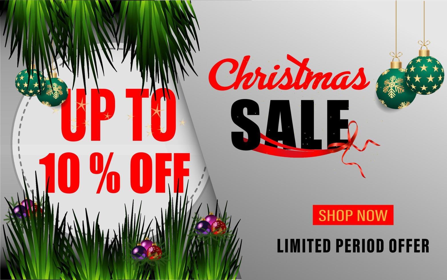 Christmas holiday sale 10 Percentage off, sale banner. Realistic fir-tree branches with berries and balls vector