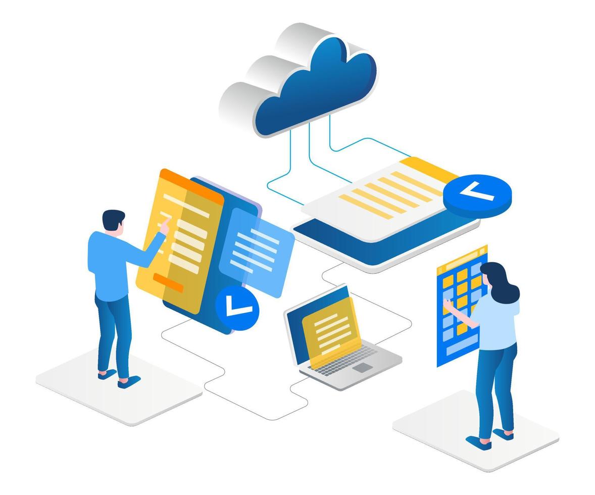 Concept illustration of isometric team maintaining smartphone app vector