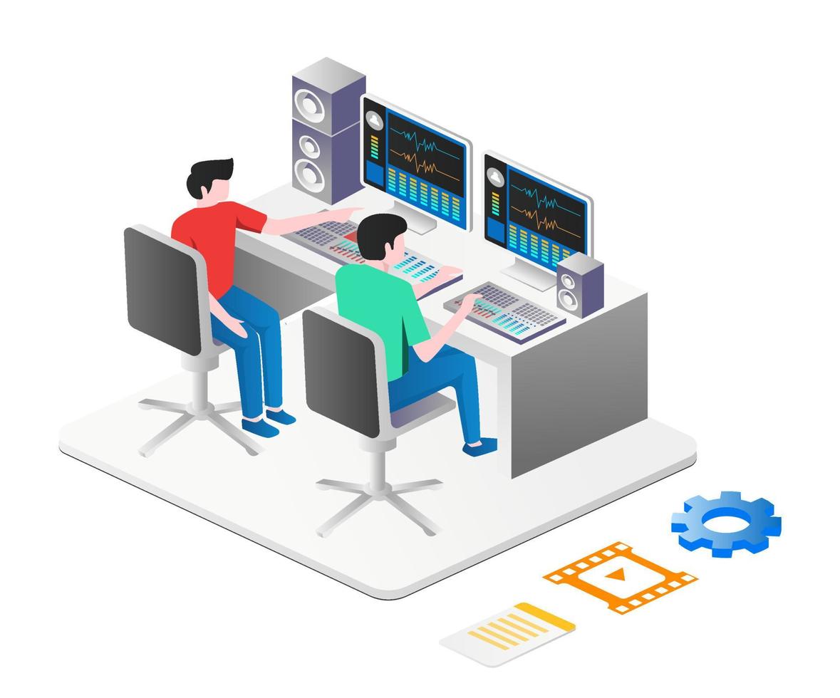 Sound system operator team and video isometric illustration concept vector