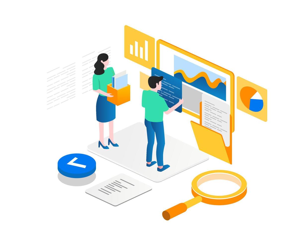 Concept illustration of isometric team analyzing data vector