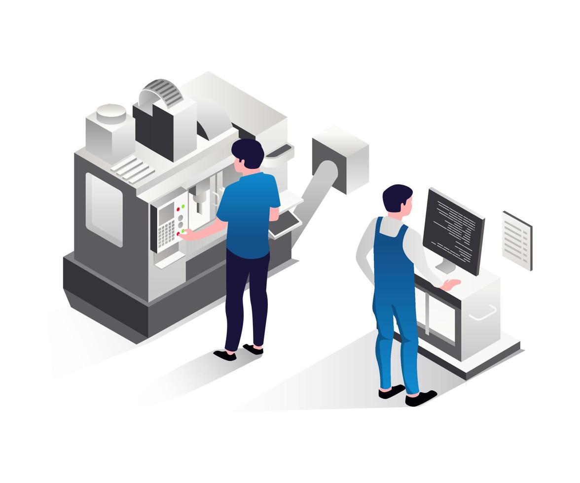 operador y programador de máquina cnc de concepto de ilustración isométrica vector