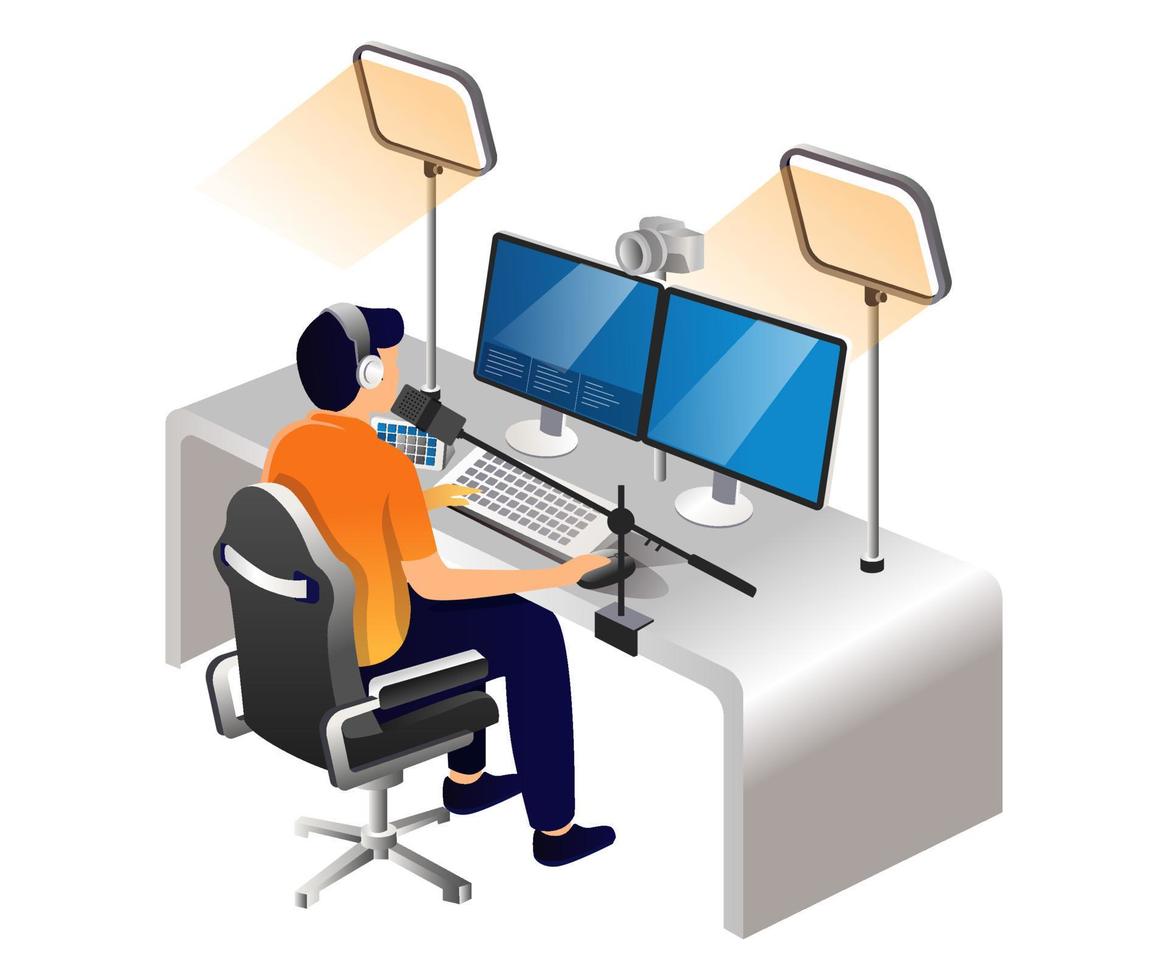 Man streaming in front of computer vector