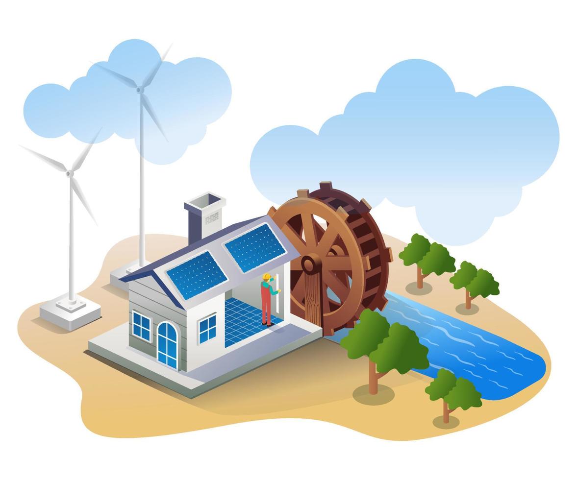 waterwheels and windmills for electrical energy solar panels vector