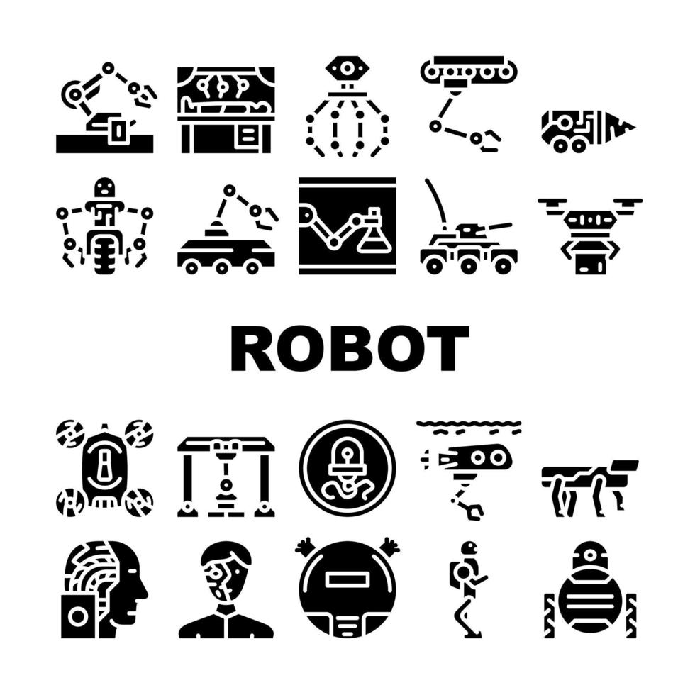 robot, futuro, equipo electrónico, iconos, conjunto, vector