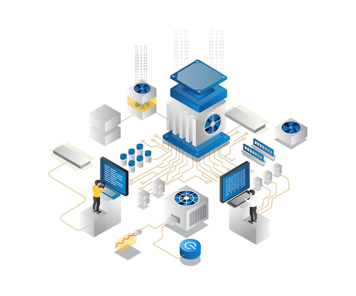 Isometric illustration concept of a team of programmers on a network that is a server computer processor vector