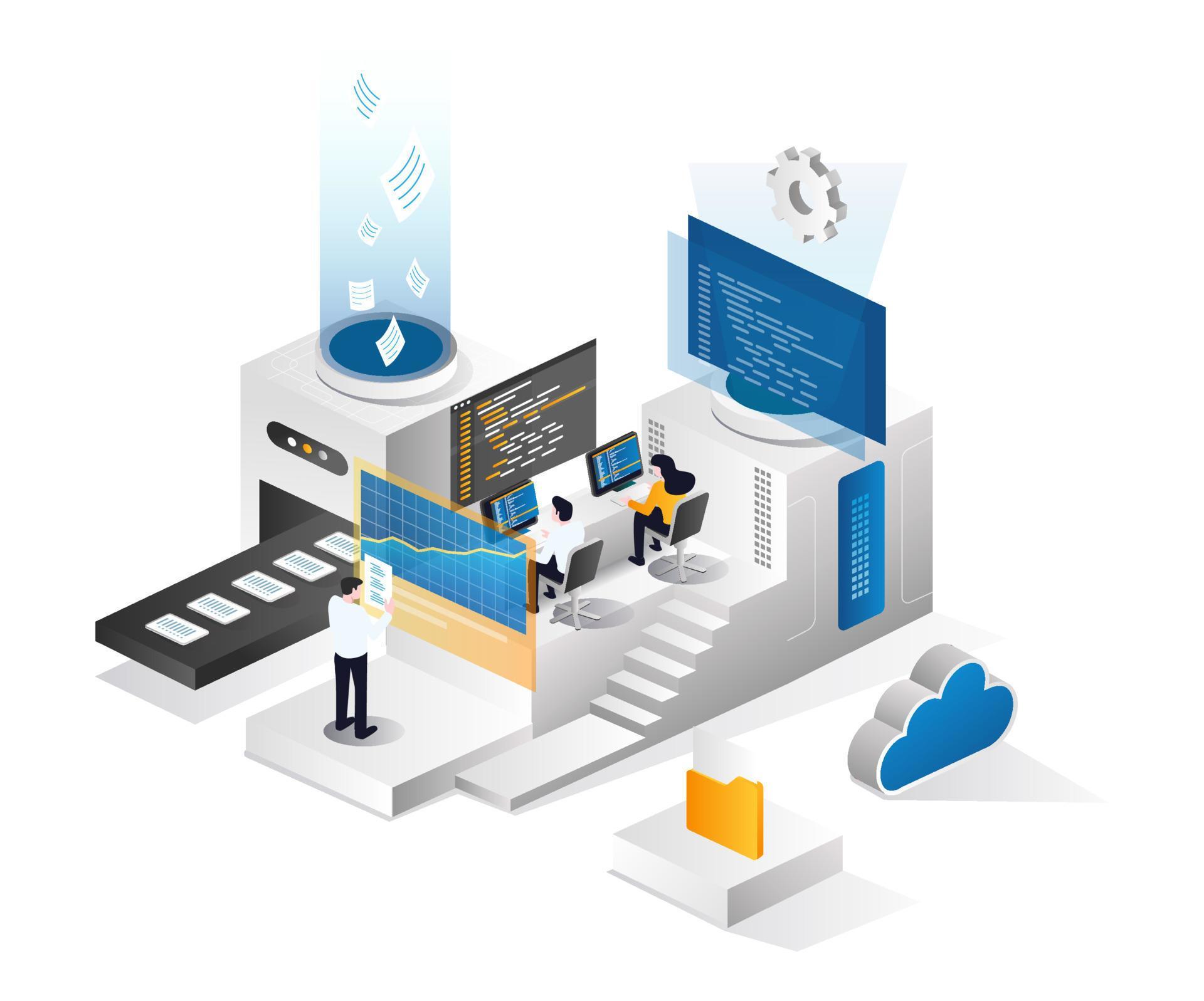 Team develops data and analyzes cloud server 8258663 Vector Art at Vecteezy