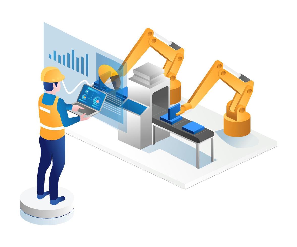 Man controlling factory robot with laptop vector