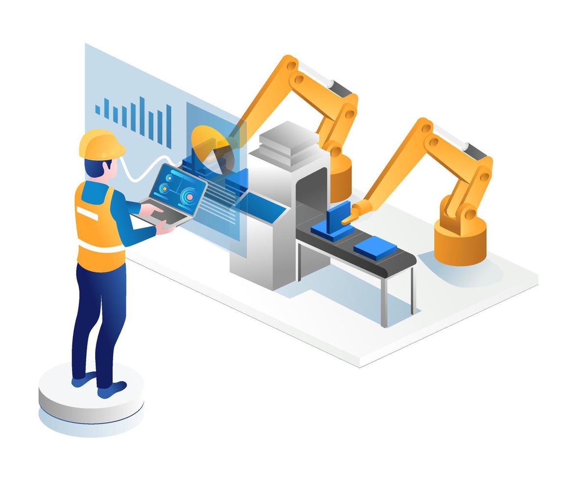 hombre que controla el robot de fábrica con una computadora portátil vector