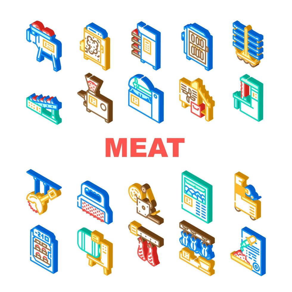 Meat Factory Production Equipment Icons Set Vector