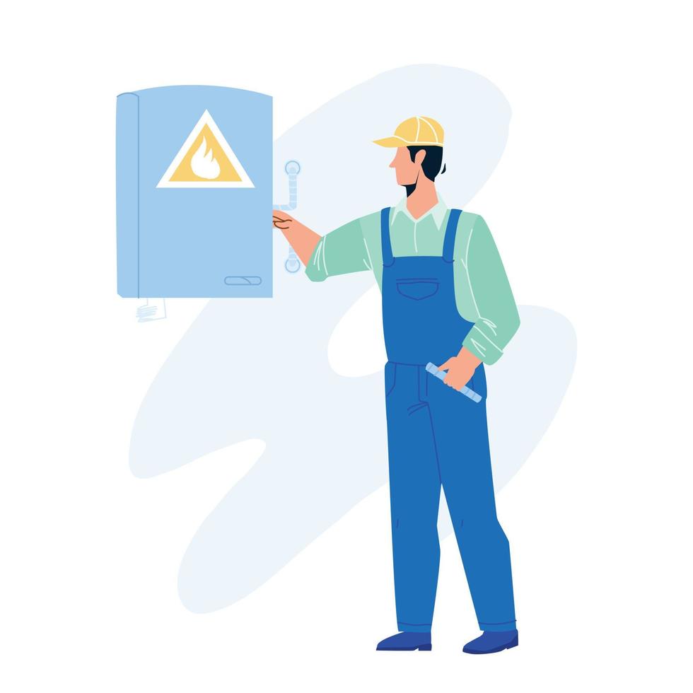 Gas Technician Worker Check Heating Boiler Vector