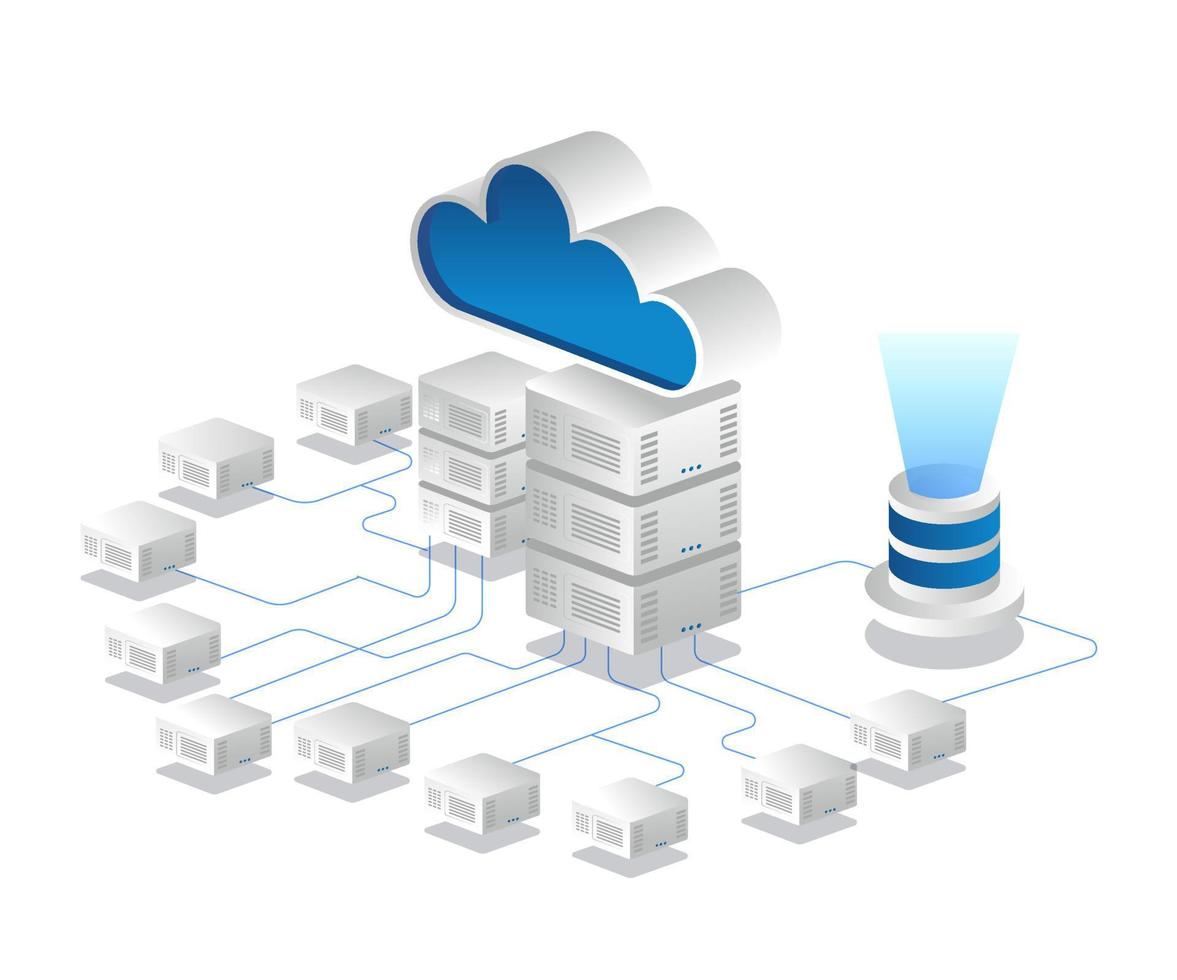 Ilustración isométrica concepto red de servidores en la nube vector