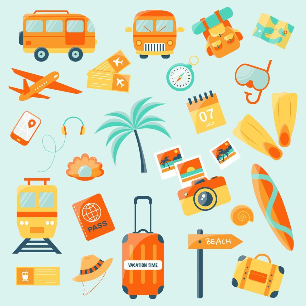 vector set of attributes for summer holidays and travel