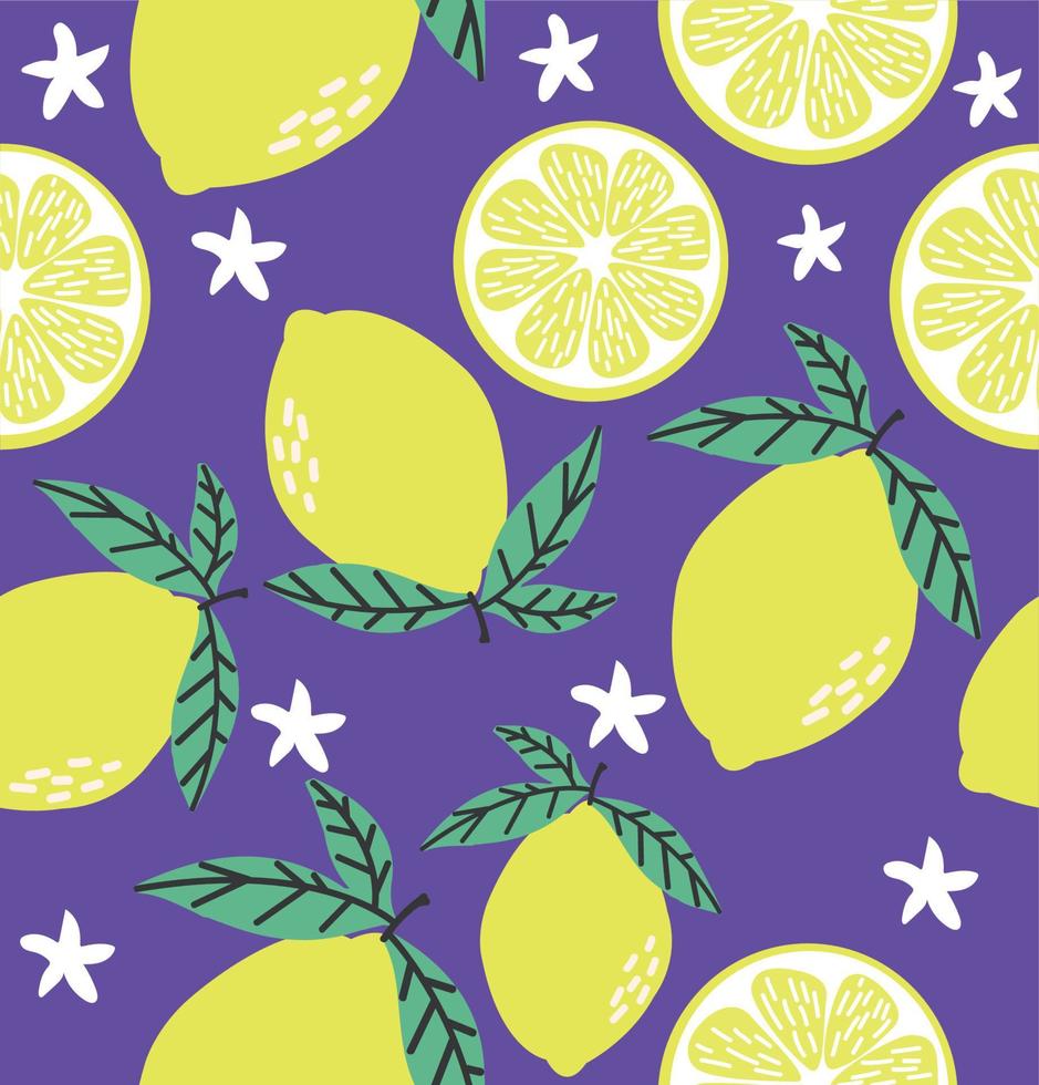 Summer Fresh lemons purple seamless pattern vector