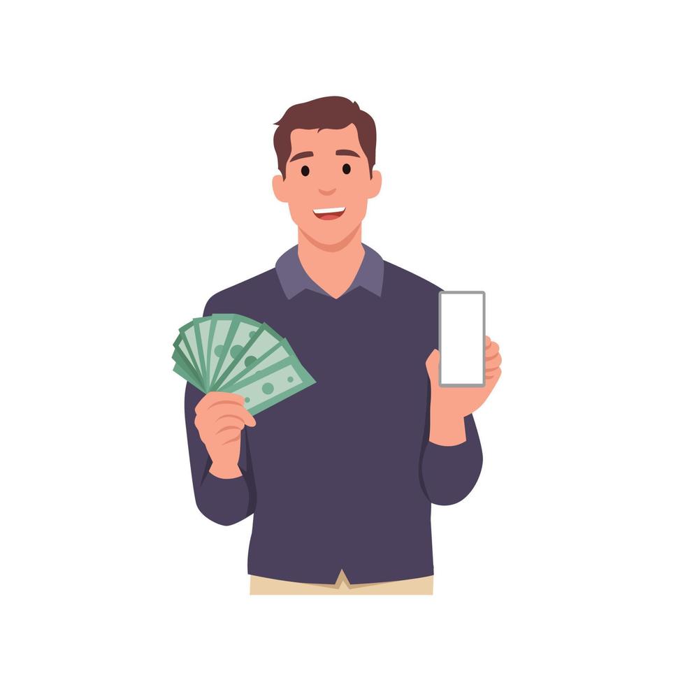 Young smiling man cartoon character holding money and showing his phone . Flat vector illustration isolated on white background