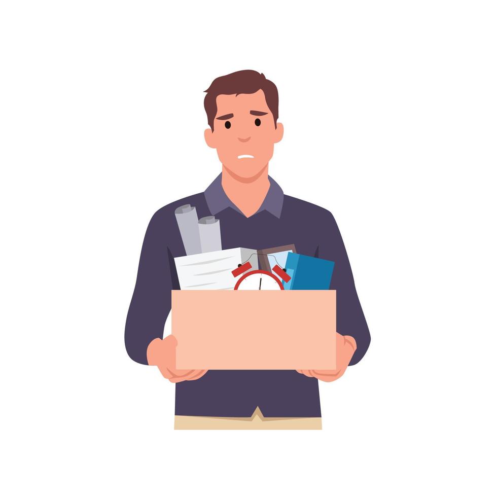Young man holding box of his stuff being fired vector