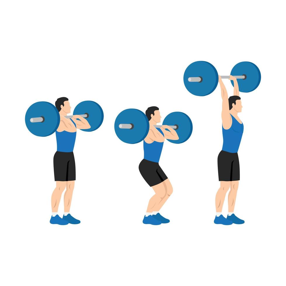 Man doing Barbell push and press exercise. Flat vector illustration isolated on white background