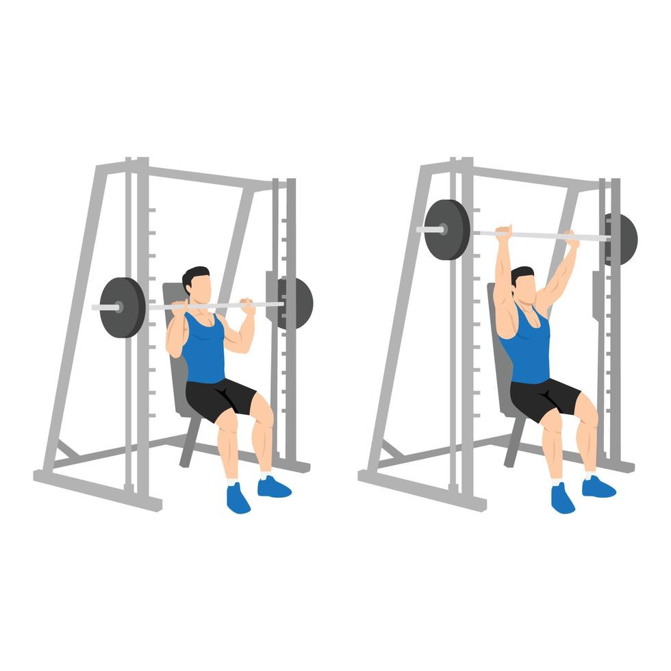 Man doing smith machine shoulder press exercise. Flat vector illustration isolated on white background