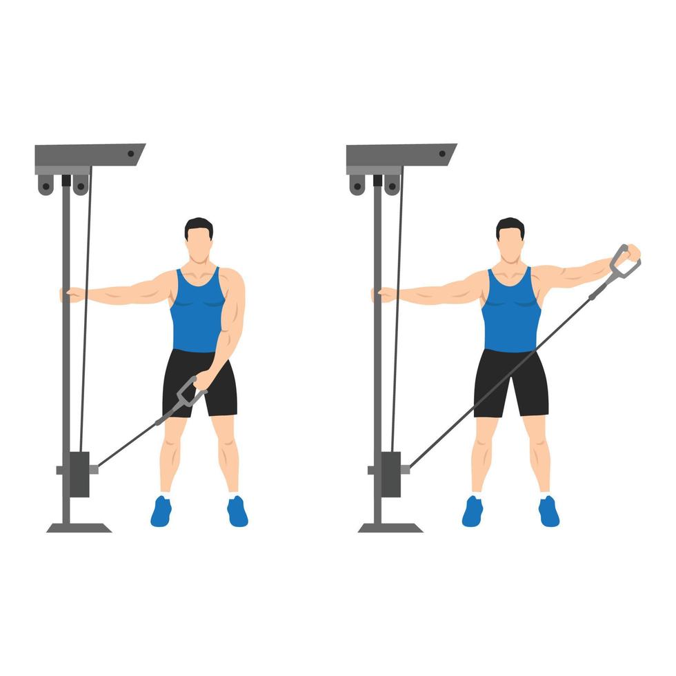 Man doing cable one arm lateral raise exercise. Flat vector illustration isolated on white background