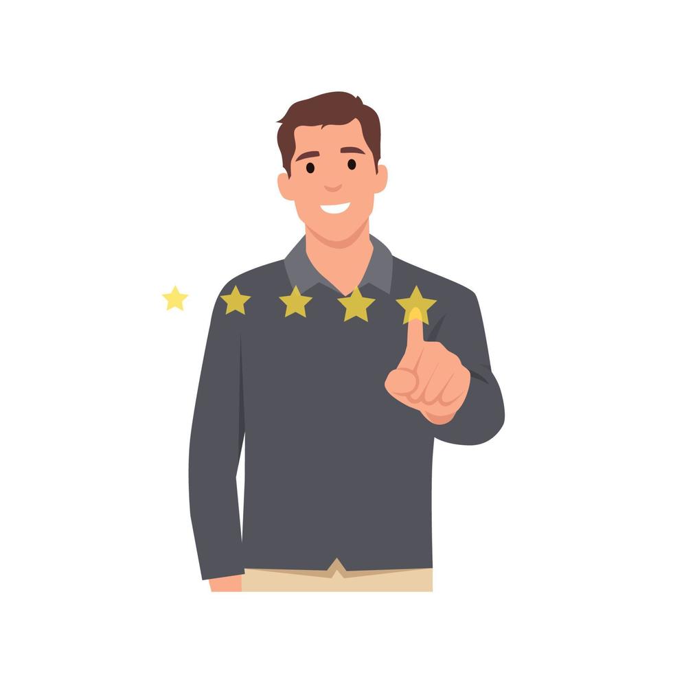 joven personaje de dibujos animados de hombre sonriente dando calificación de cinco estrellas. ilustración vectorial plana aislada sobre fondo blanco vector