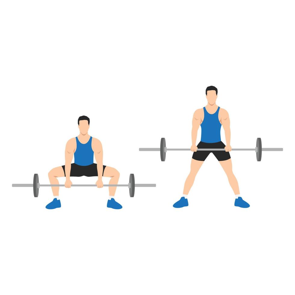 Man doing Sumo Barbell deadlifts exercise. Flat vector