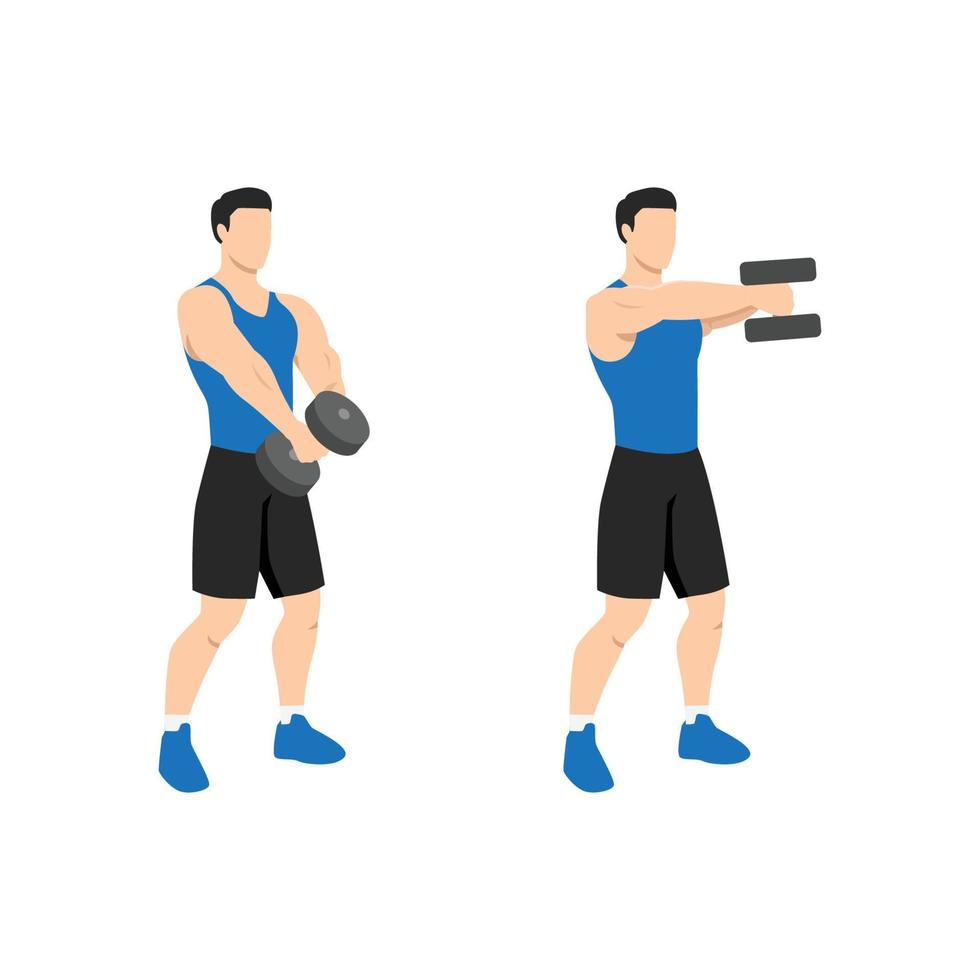 Man doing Two handed dumbbell front raise exercise. Flat vector illustration isolated on white background