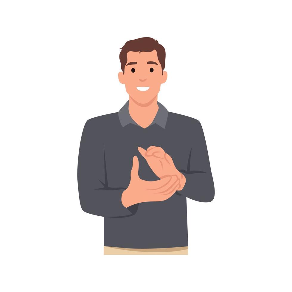 Young man clapping and applauding happy and joyful concept character . Flat vector illustration isolated on white background