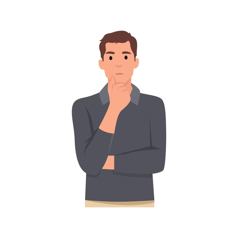 Young man is thinking about something and put his hand on chin concept character . Flat vector illustration isolated on white background