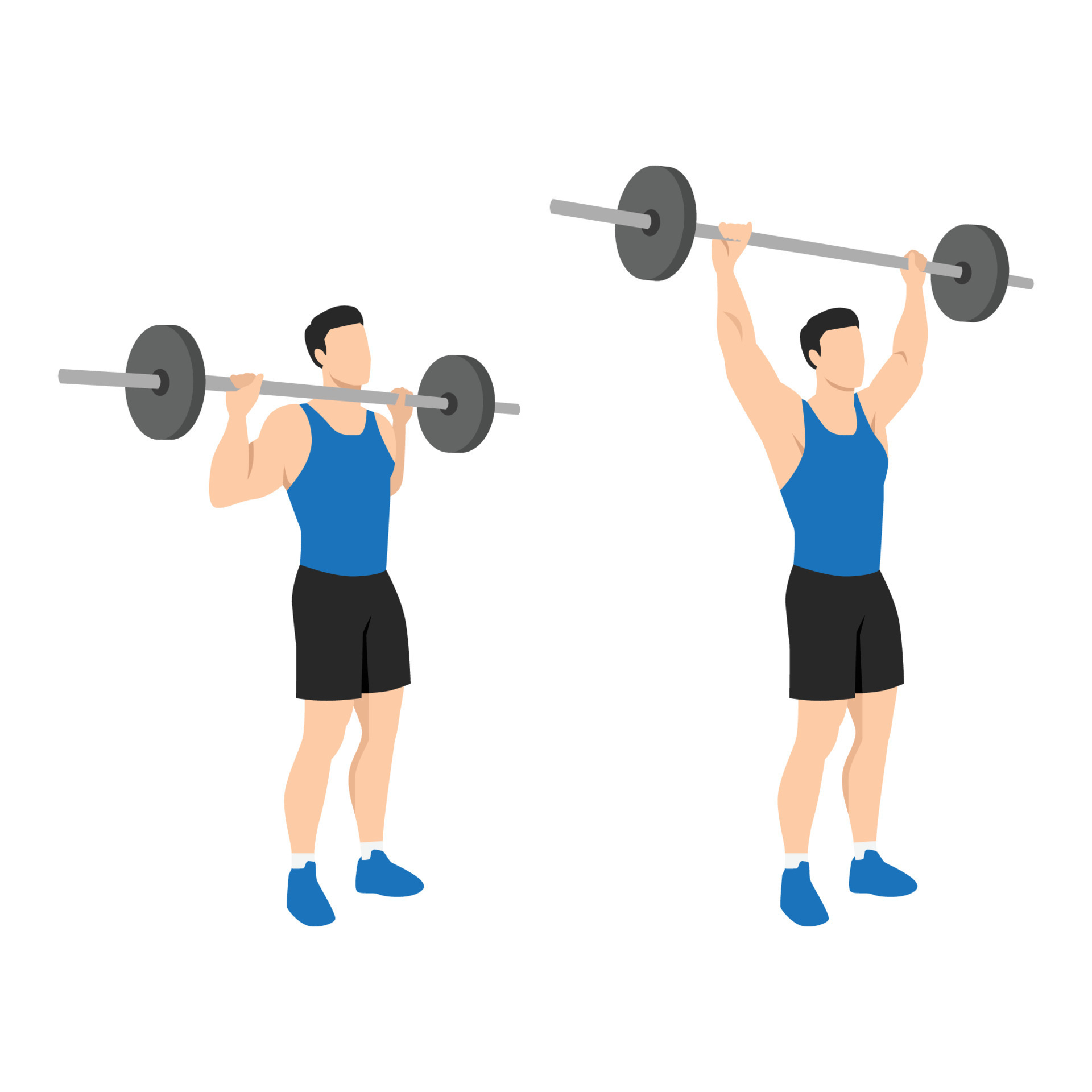 Man doing Standing barbell shoulder press exercise. Flat vector
