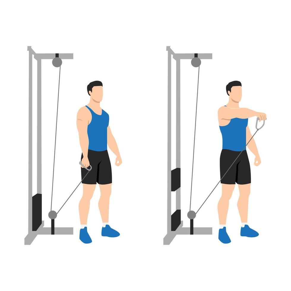 Man doing Single arm cable front raise exercise. Flat vector illustration isolated on white background