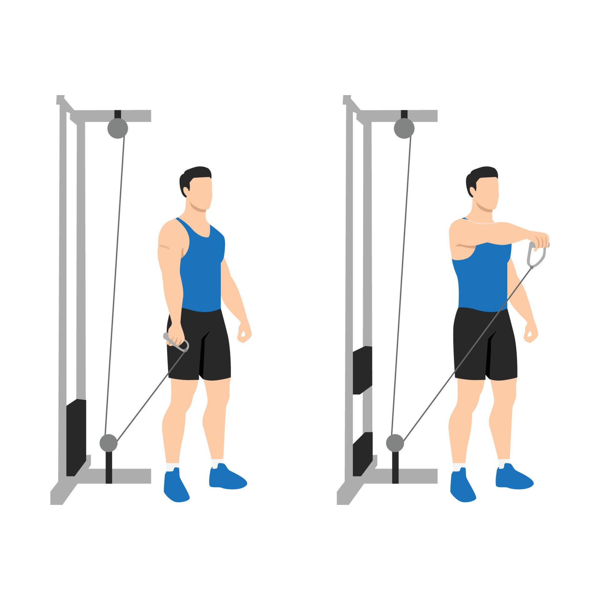 Man doing Single arm cable front raise exercise. Flat vector