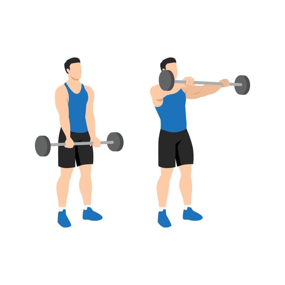 Man doing Barbell front raise exercise. Flat vector illustration isolated on white background