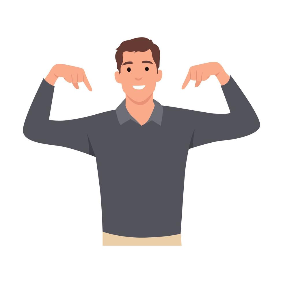 Young man cartoon High self esteem concept. Proud young man pointing at himself with both hands, confident, successful. Flat vector illustration isolated on white background