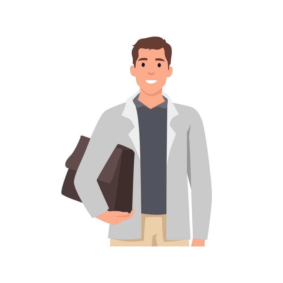 joven en traje con maletín. éxito del líder, carácter del concepto de gestión. ilustración vectorial plana aislada sobre fondo blanco vector