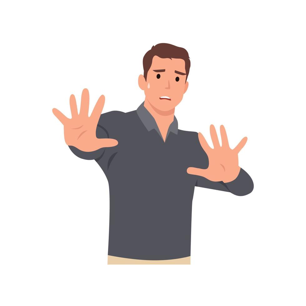 personaje de dibujos animados de hombre joven haciendo parada con las manos. di no . ilustración vectorial plana aislada sobre fondo blanco vector