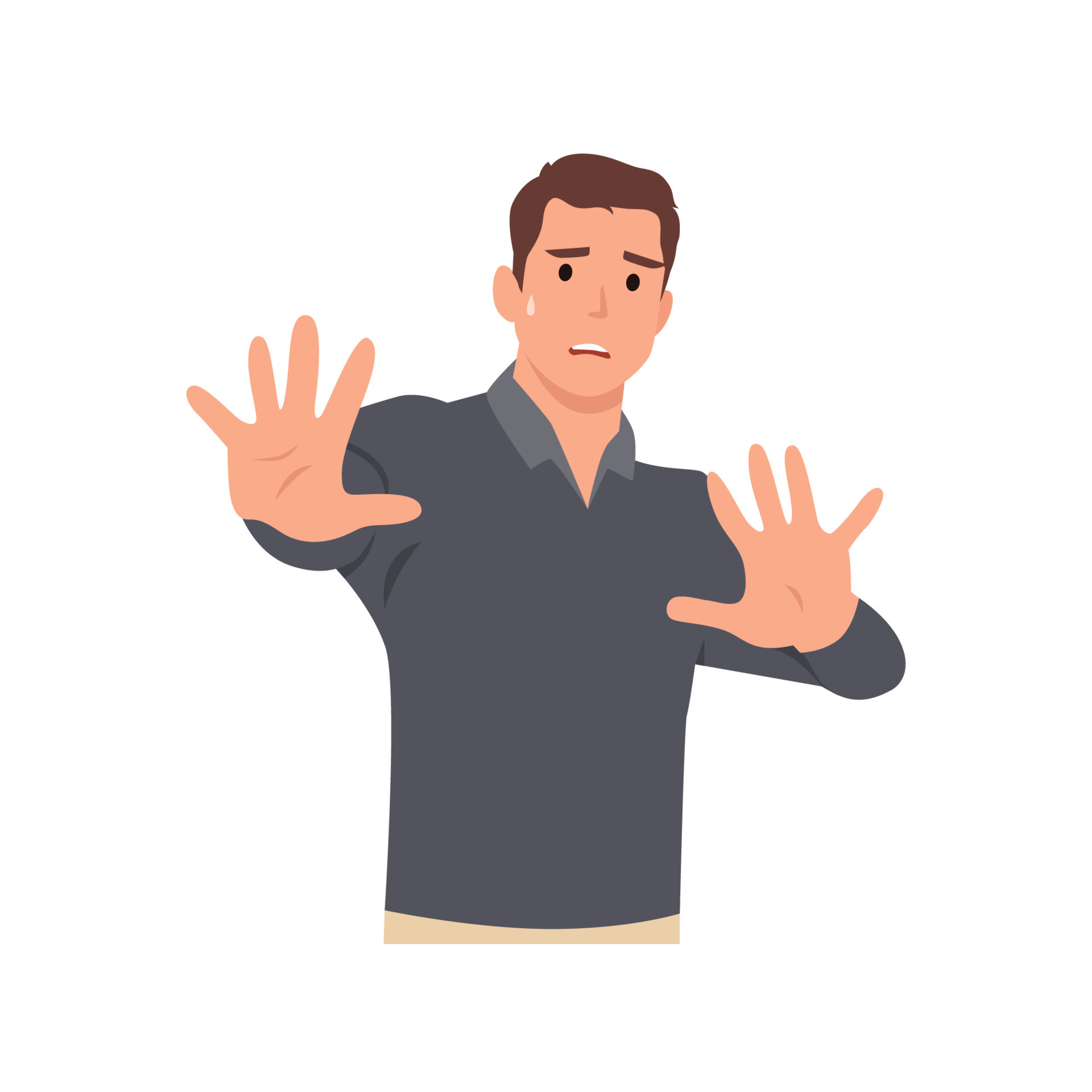 Young man cartoon character making stop with his hands. Say No . Flat