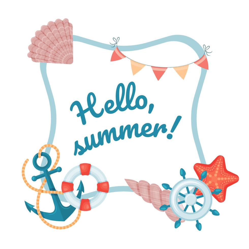 Summer cute frame on blue background.  Sea travel. Template for design.  Vector illustration. cartoon style