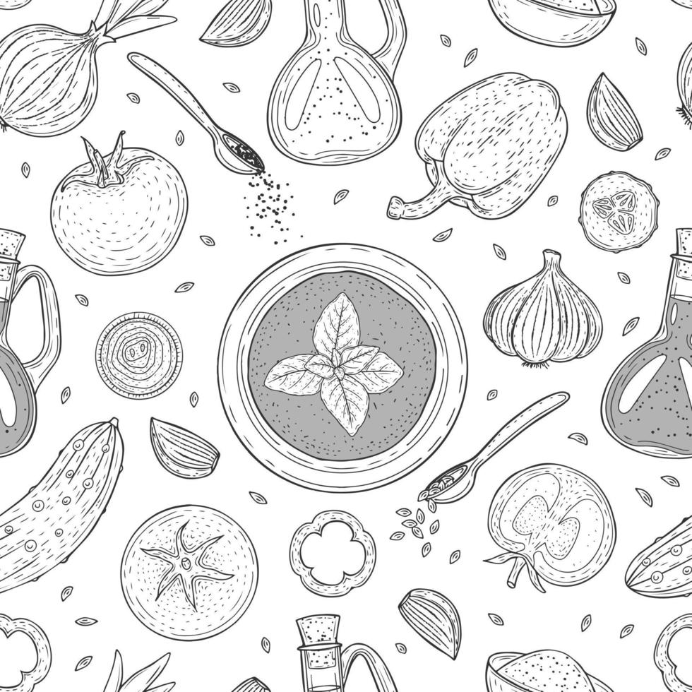 patrón sin costuras con verduras. ingredientes para la sopa. tomate, albahaca, ajo, pimiento. ilustración vectorial garabato, monocromo, contorno vector