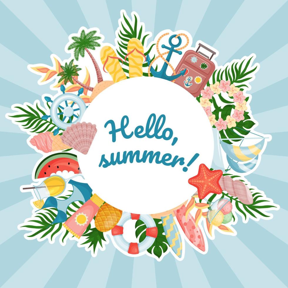 Summer cute round frame on blue background. Template for design. Many objects. Vector illustration. cartoon style.