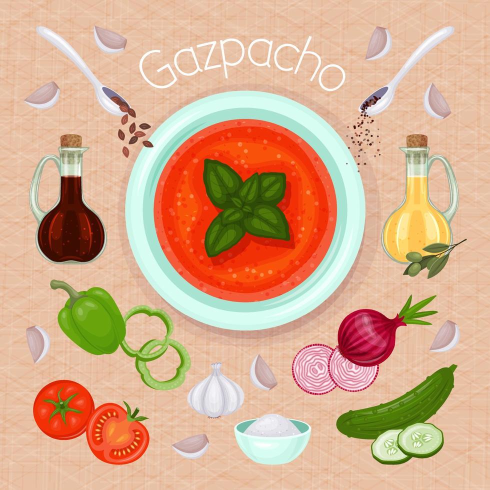 Gazpacho soup and ingredients for it on canvas background. Vector food illustration. Recipe picture. Cartoon style.