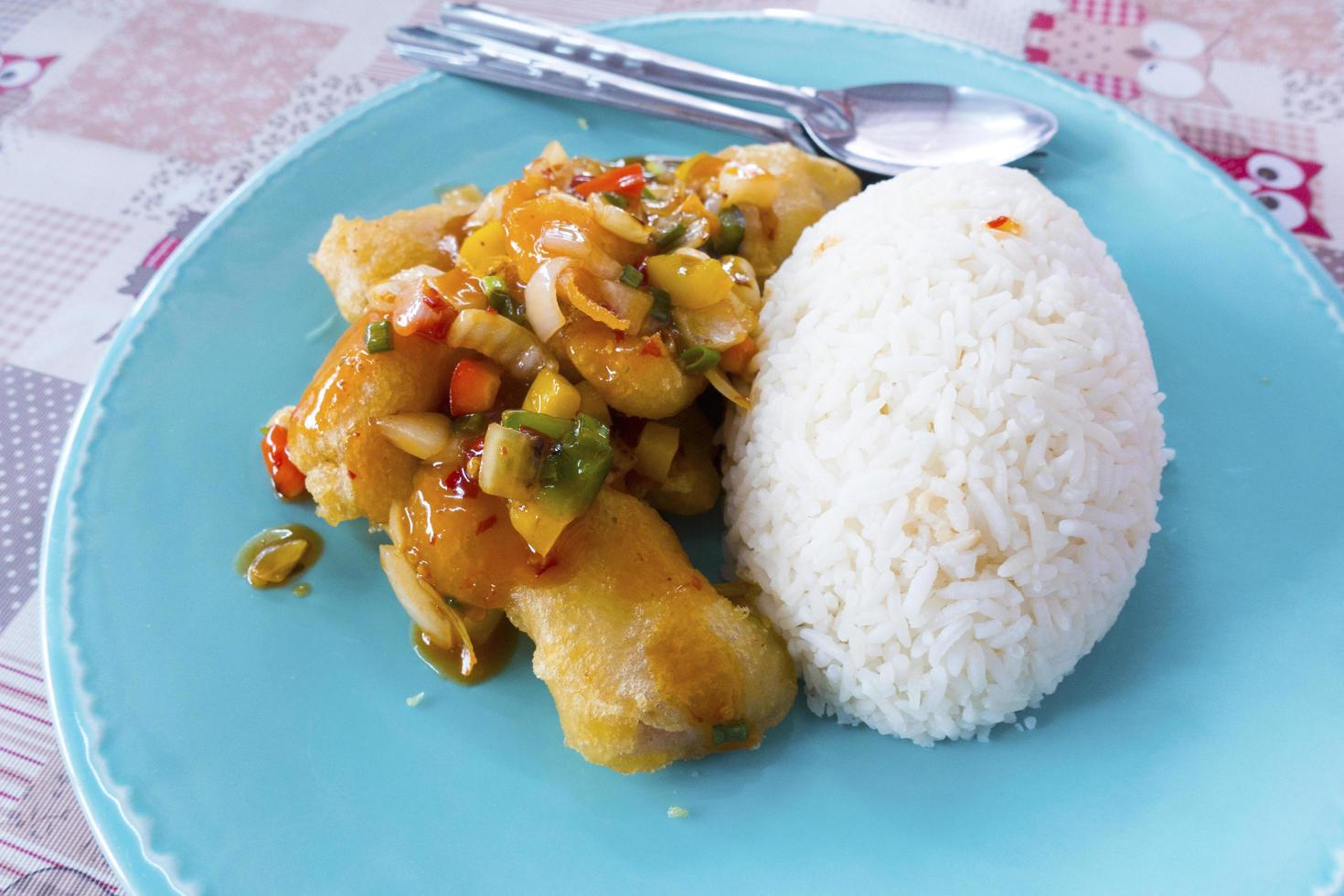 Rice with fried fish in sweet and sour sauce photo