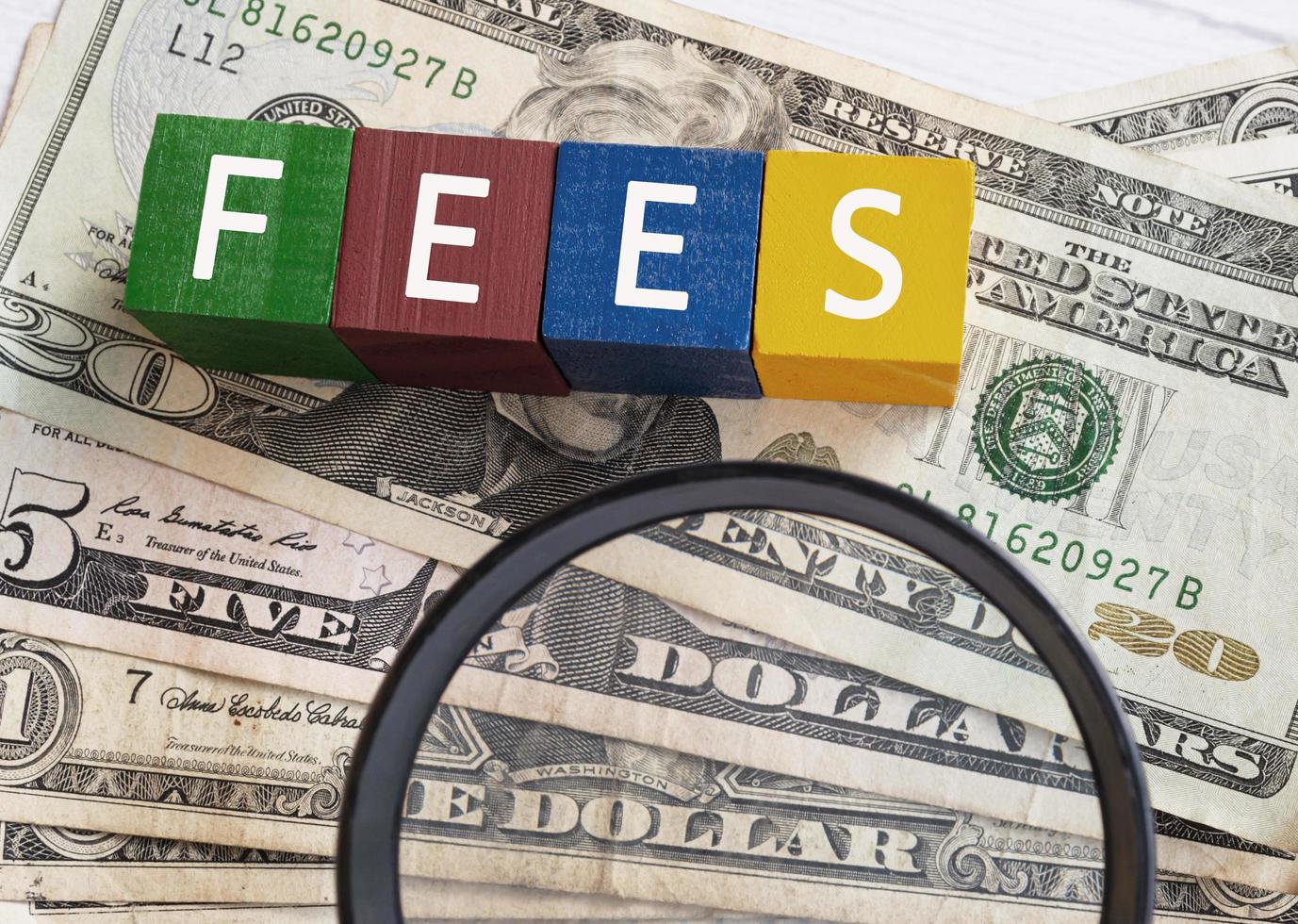 Colorful wooden cube block with Fees words on stacked of banknotes on a desk. photo