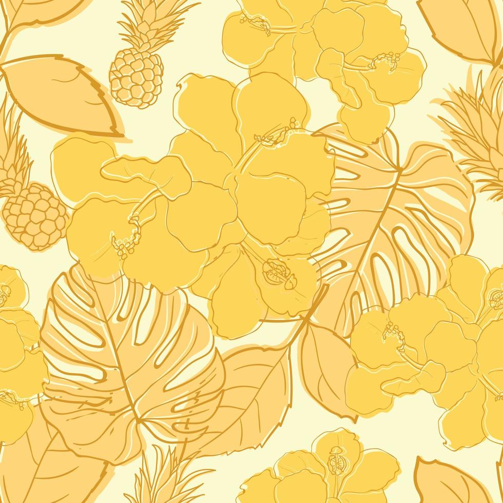 Tropical hibiscus, palm leaves, monstera, pineapple seamless pattern background. Exotic jungle wrapping paper. Beautiful print with hand drawn exotic plants. Summer design for fashion, print vector