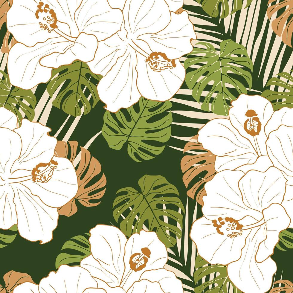 Hibiscus flowers and leaves seamless pattern background. Tropical nature wrapping paper or textile design. Beautiful print with hand-drawn exotic flower. vector