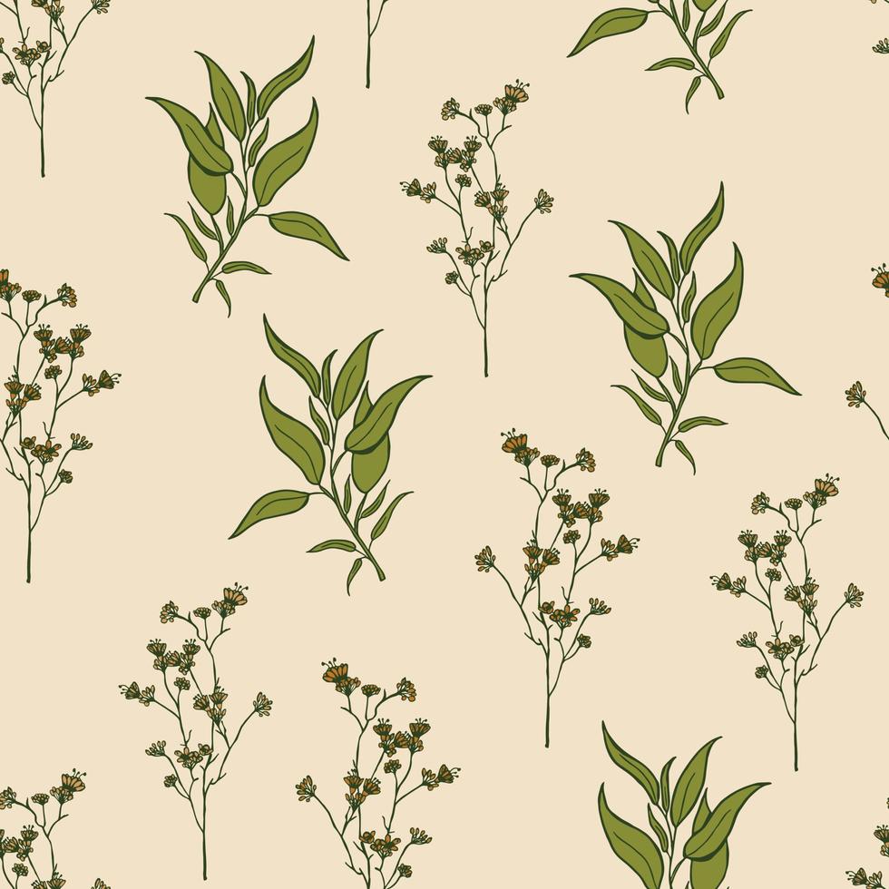 Modern wildflowers seamless pattern design. Seamless pattern with spring flowers and leaves. Hand-drawn background. floral pattern for wrapping paper or fabric. Botanic Tile. vector